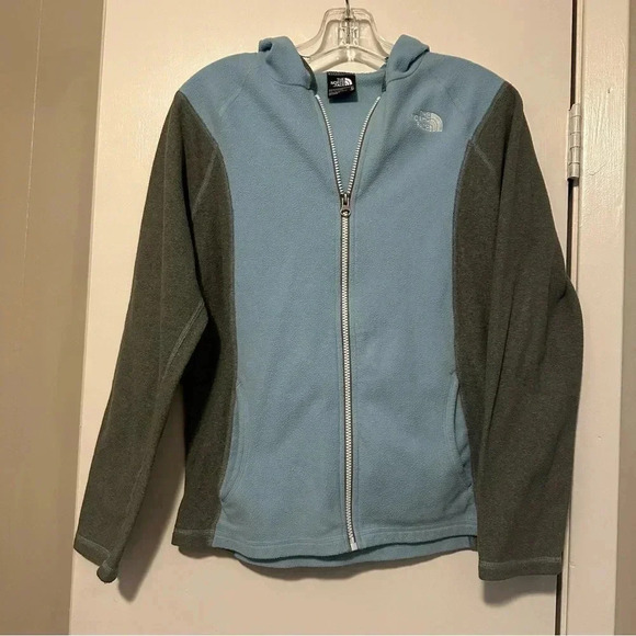 The North Face Other - North Face girls fleece full zip hooded jacket light blue and gray size XL